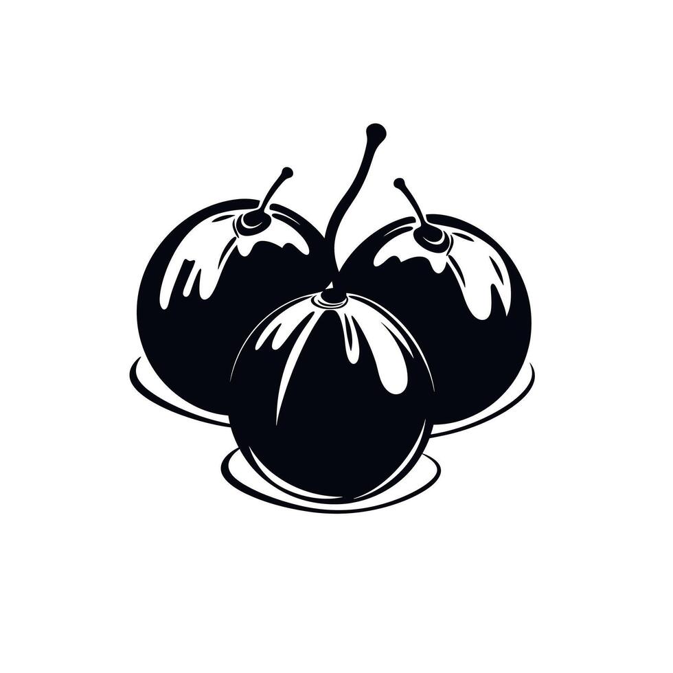 Three glossy black olives stacked together on a light background vector