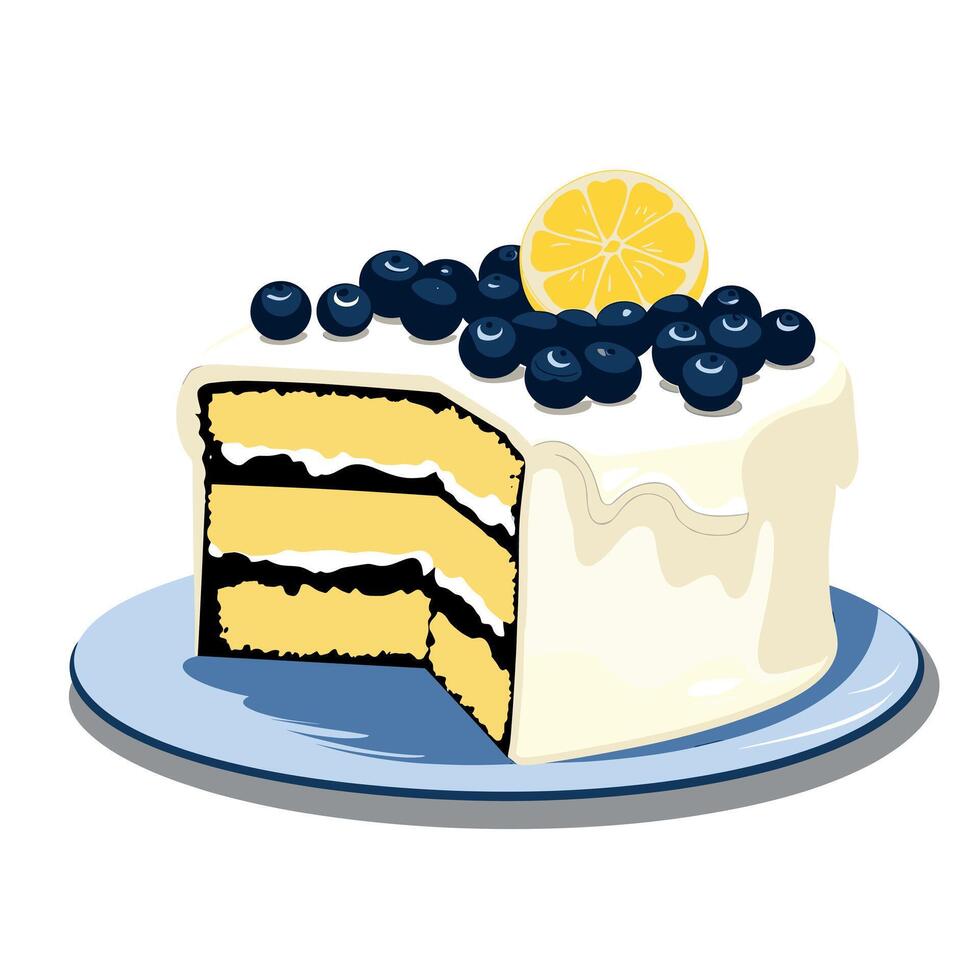 Delicious cake with blueberries and lemon on a blue plate in a bright setting vector