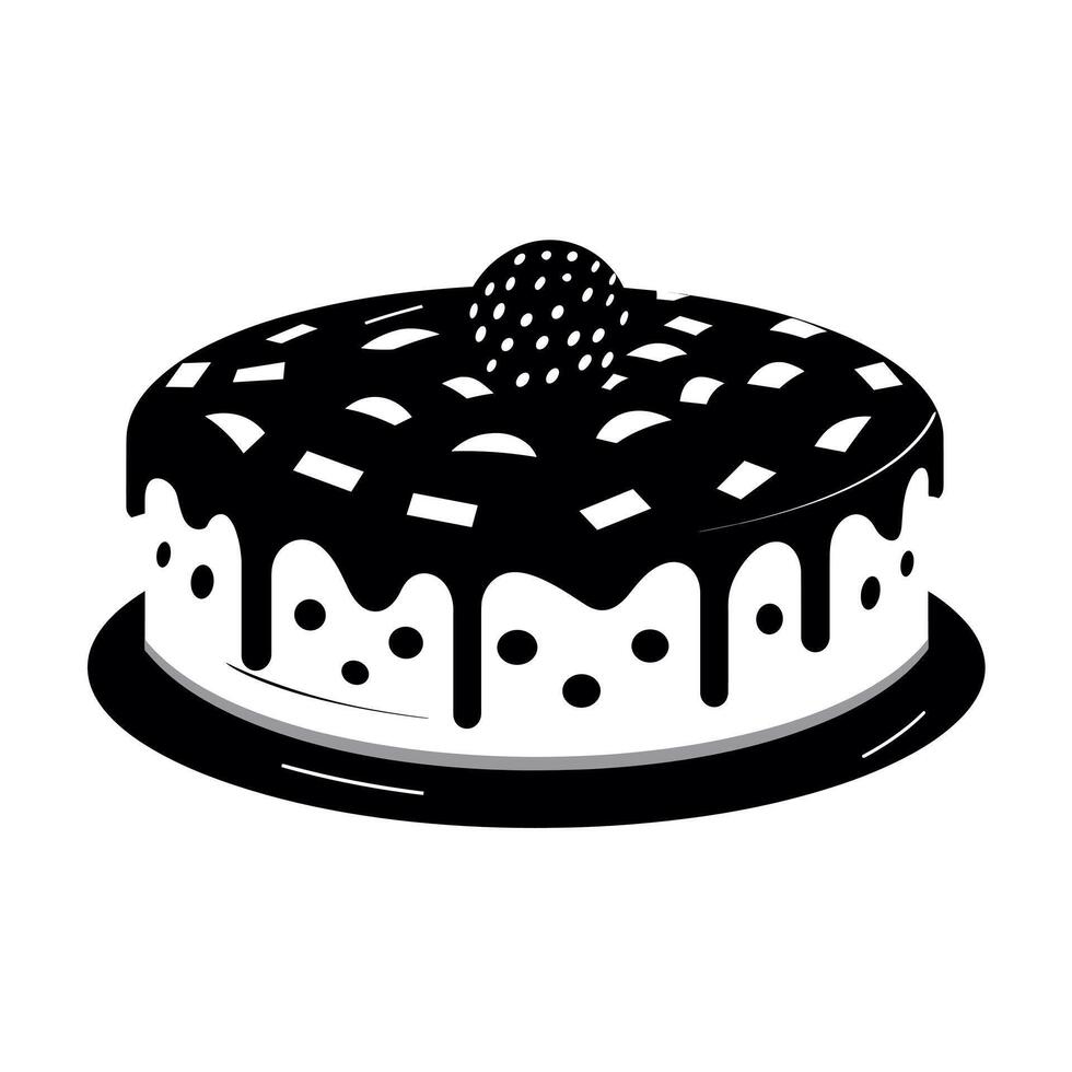 Black and white cake with icing and a cherry on top displayed on a plate vector