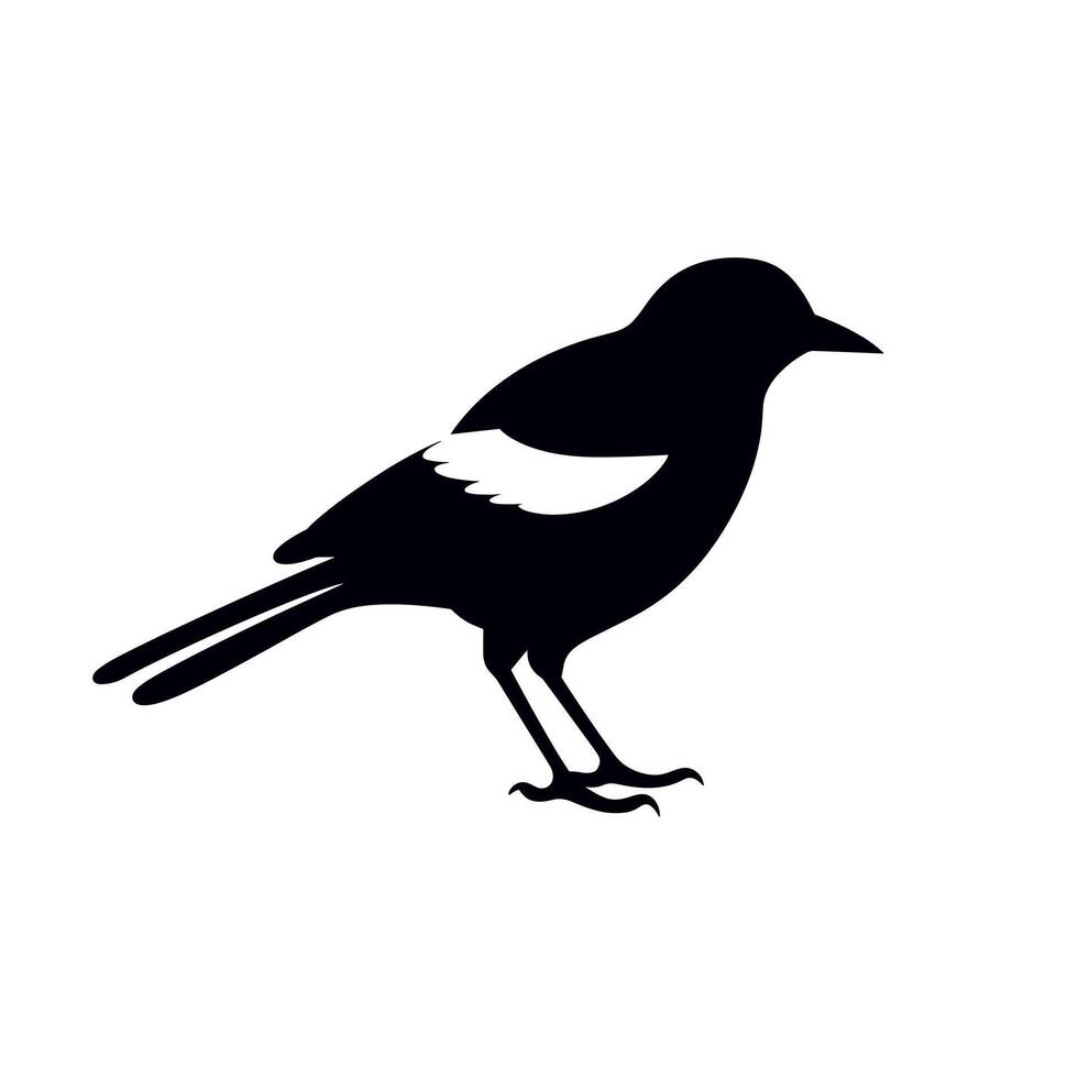 Black silhouette of a small bird with white wing patches standing on a surface vector