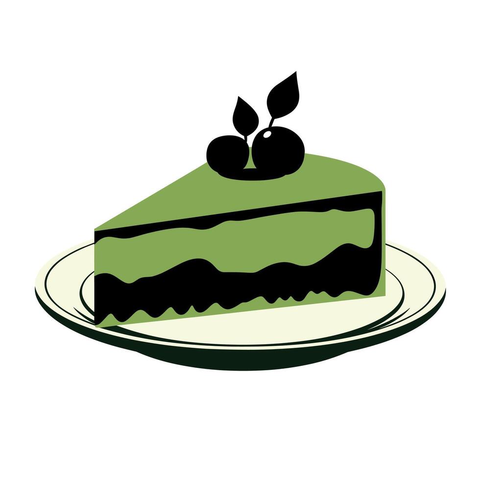Delicious green cake slice garnished with berries on a white plate vector