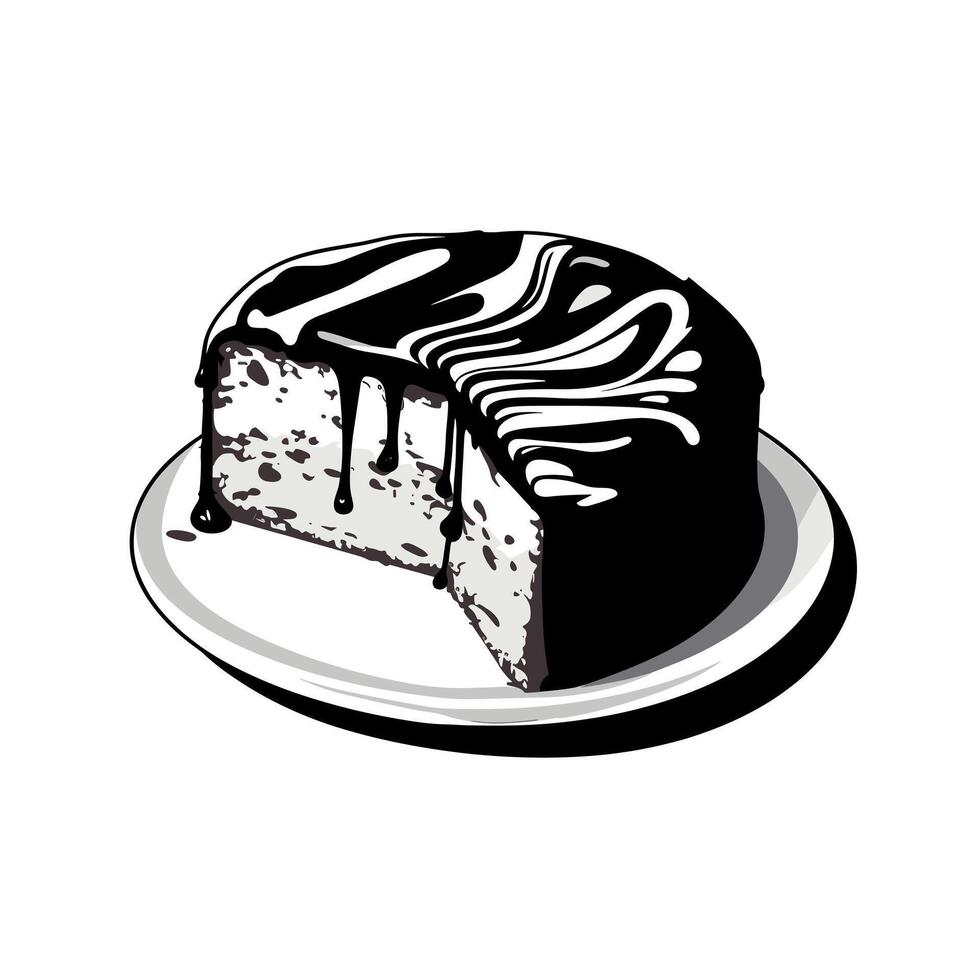 Delicious cake with chocolate icing and a slice removed, served on a white plate vector