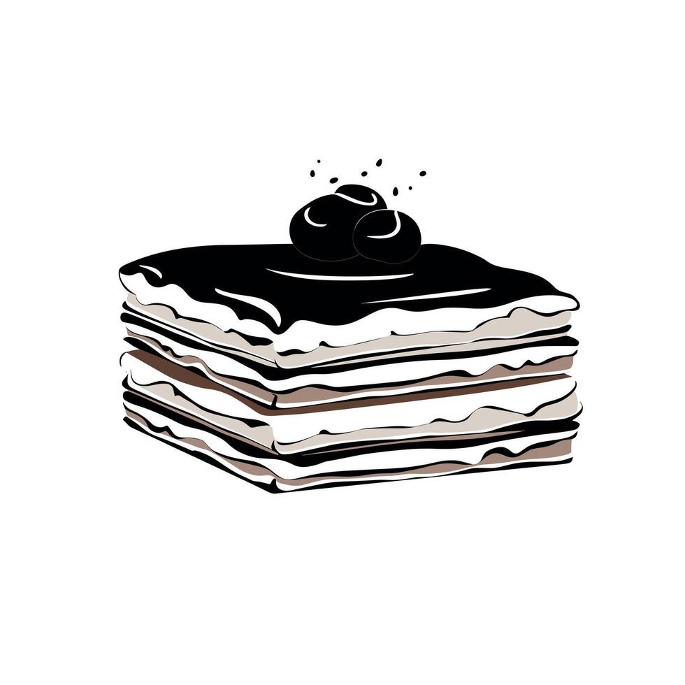 Layers of chocolate dessert with creamy filling and berry topping display vector