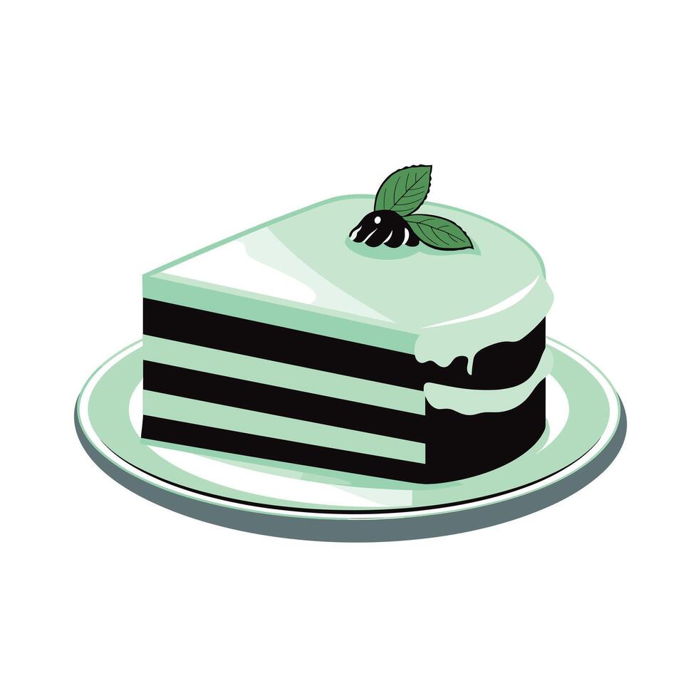 Delicious slice of mint chocolate cake on a white plate with a green background vector