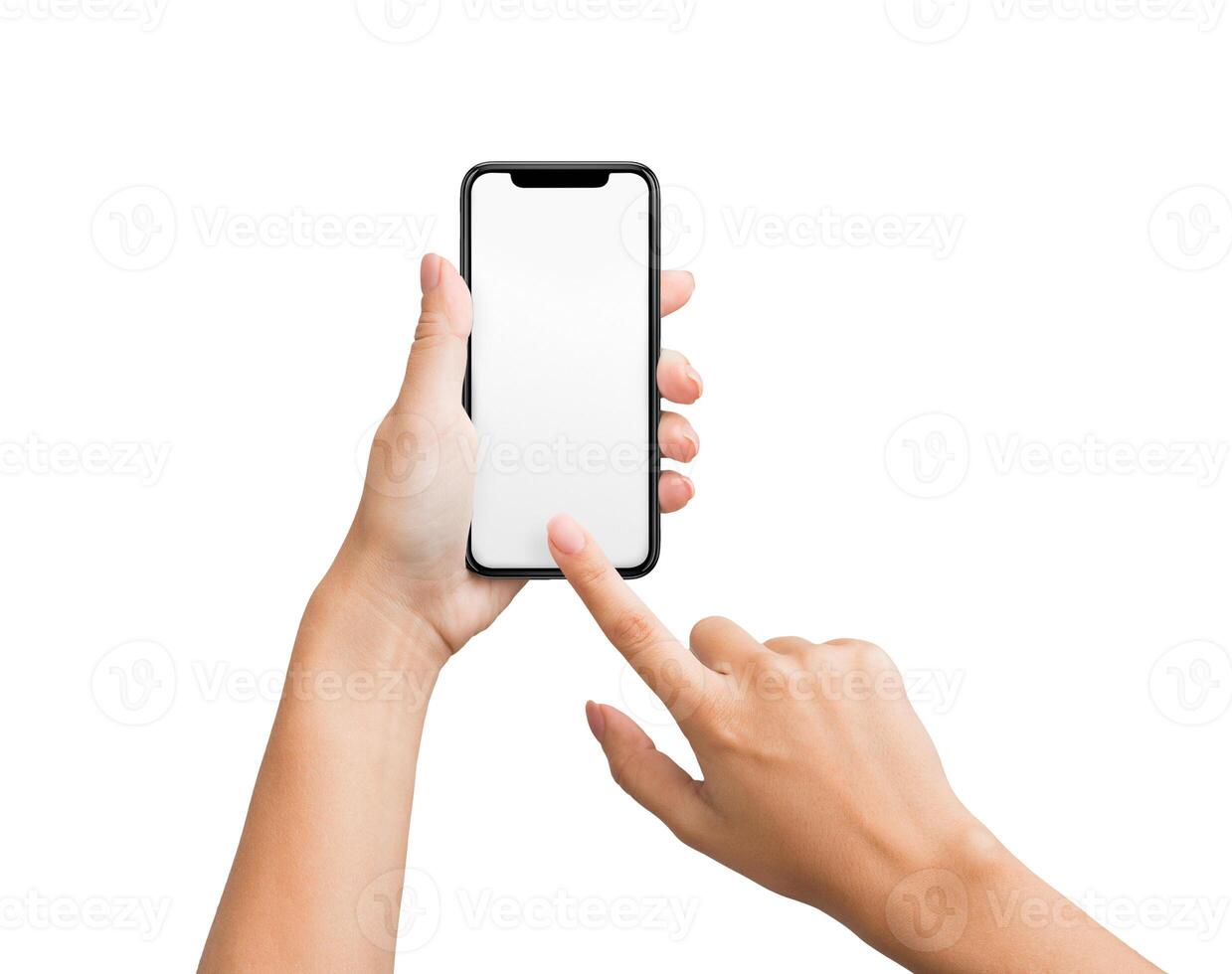 Mockup on blank touchscreen of smartphone in female hands, isolated on white background, copy space photo