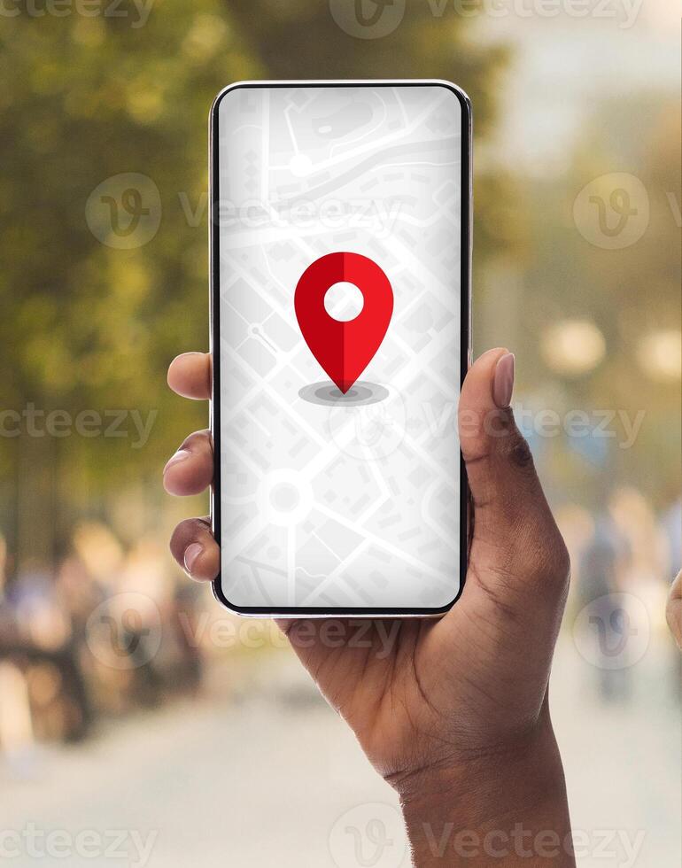 Smartphone With Opened Gps App With Red Pinpoint On Screen In Black Female Hand, Unrecognizable African American Woman Using Modern Application For Navigation In City, Creative Collage, Closeup photo