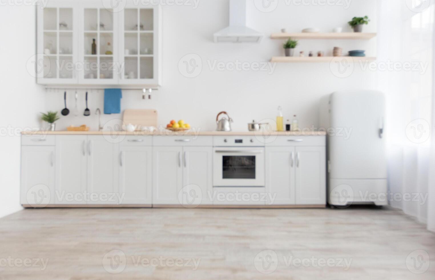 Kitchen modern scandinavian interior with white furniture with utensils, shelves with crockery and plants in pots, refrigerator in dining room. Simple design, rent and sale, blog at flat, empty space photo