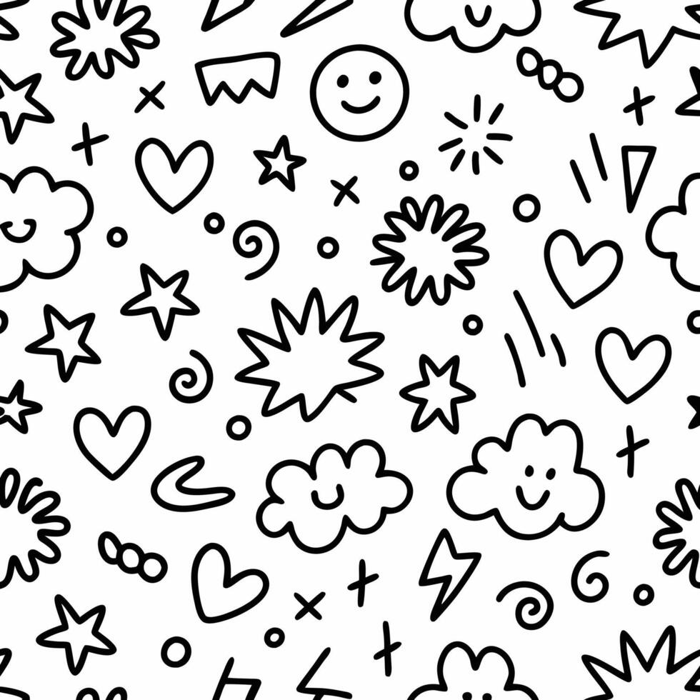 a black and white doodle pattern with clouds, hearts and stars vector