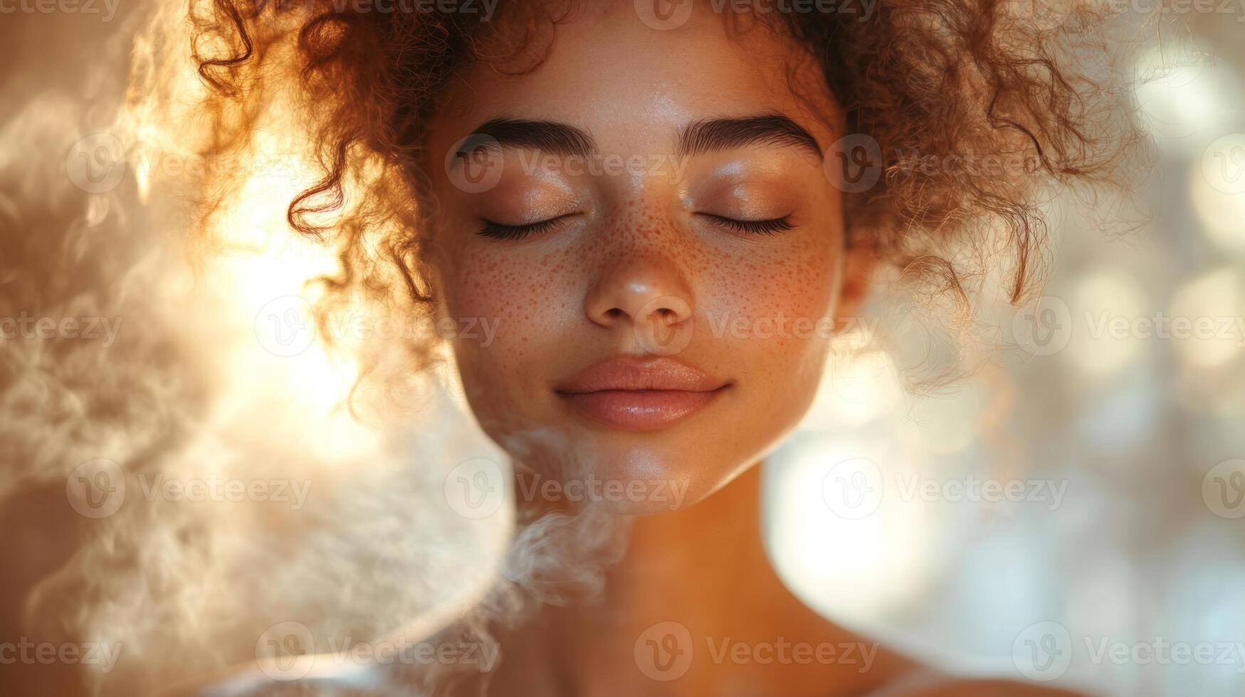 A young woman with curly hair and freckles relaxes with her eyes closed, surrounded by soft light and a gentle mist that creates a peaceful atmosphere. photo