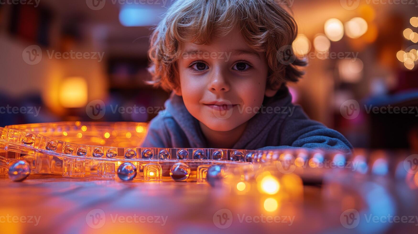 A young child enjoys playing with a glowing toy track made of transparent pieces, surrounded by warm lighting in a cozy living room at dusk, bringing a sense of joy and wonder. photo