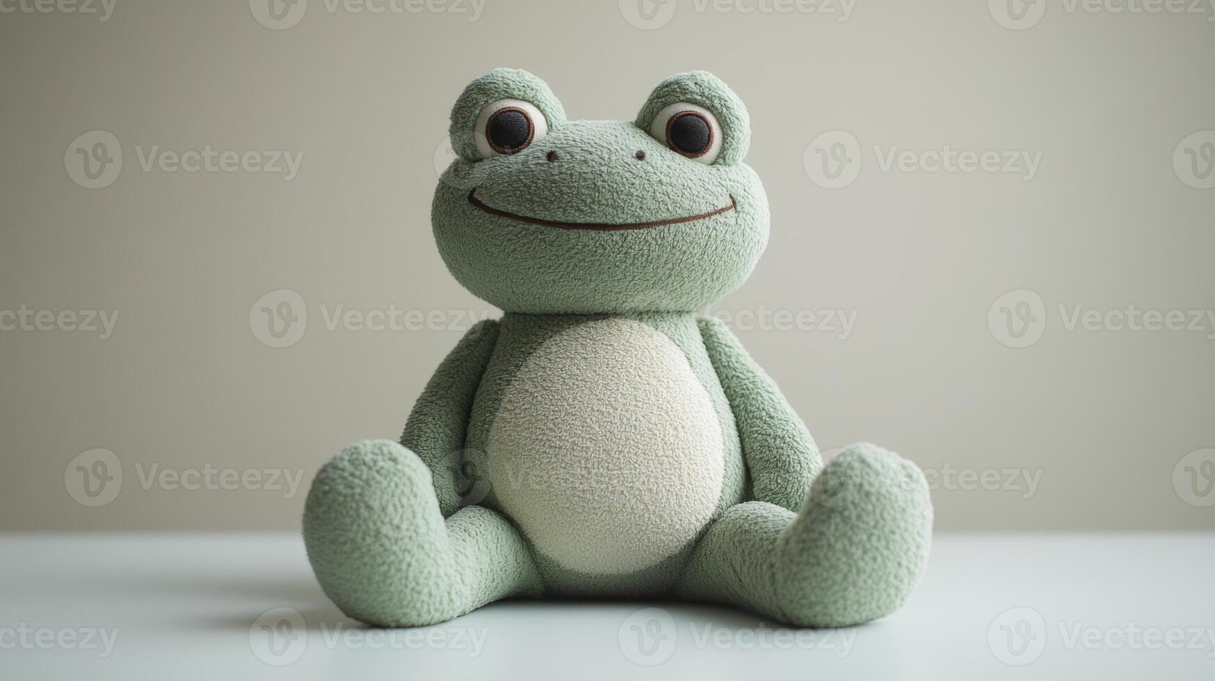 A soft green plush frog toy is positioned upright on a table. Its friendly expression and rounded body create a whimsical charm, set against a calming background. photo