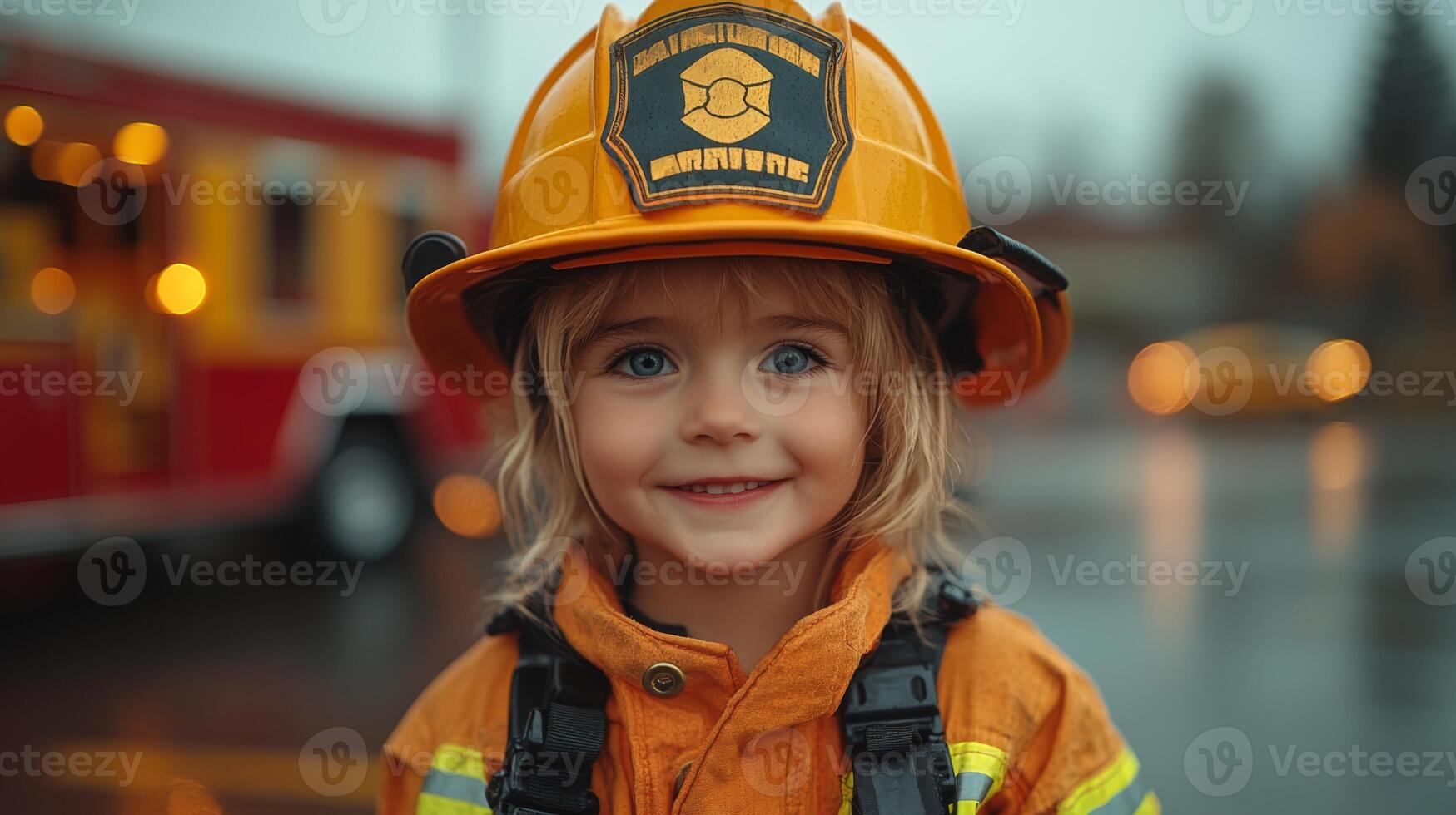 A cheerful child wearing a bright yellow firefighter helmet and uniform stands outdoors on a rainy day. The backdrop includes a fire truck and community decorations, showcasing a local event. photo