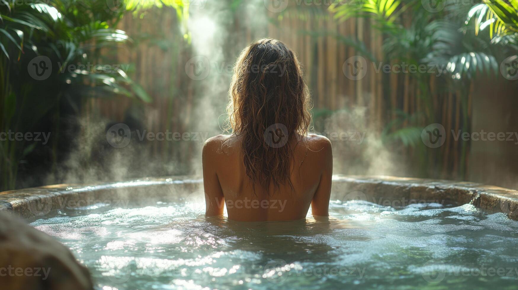 A person sits peacefully in a hot tub filled with steaming water, surrounded by vibrant plants in a tropical setting. The tranquil atmosphere invites relaxation. photo