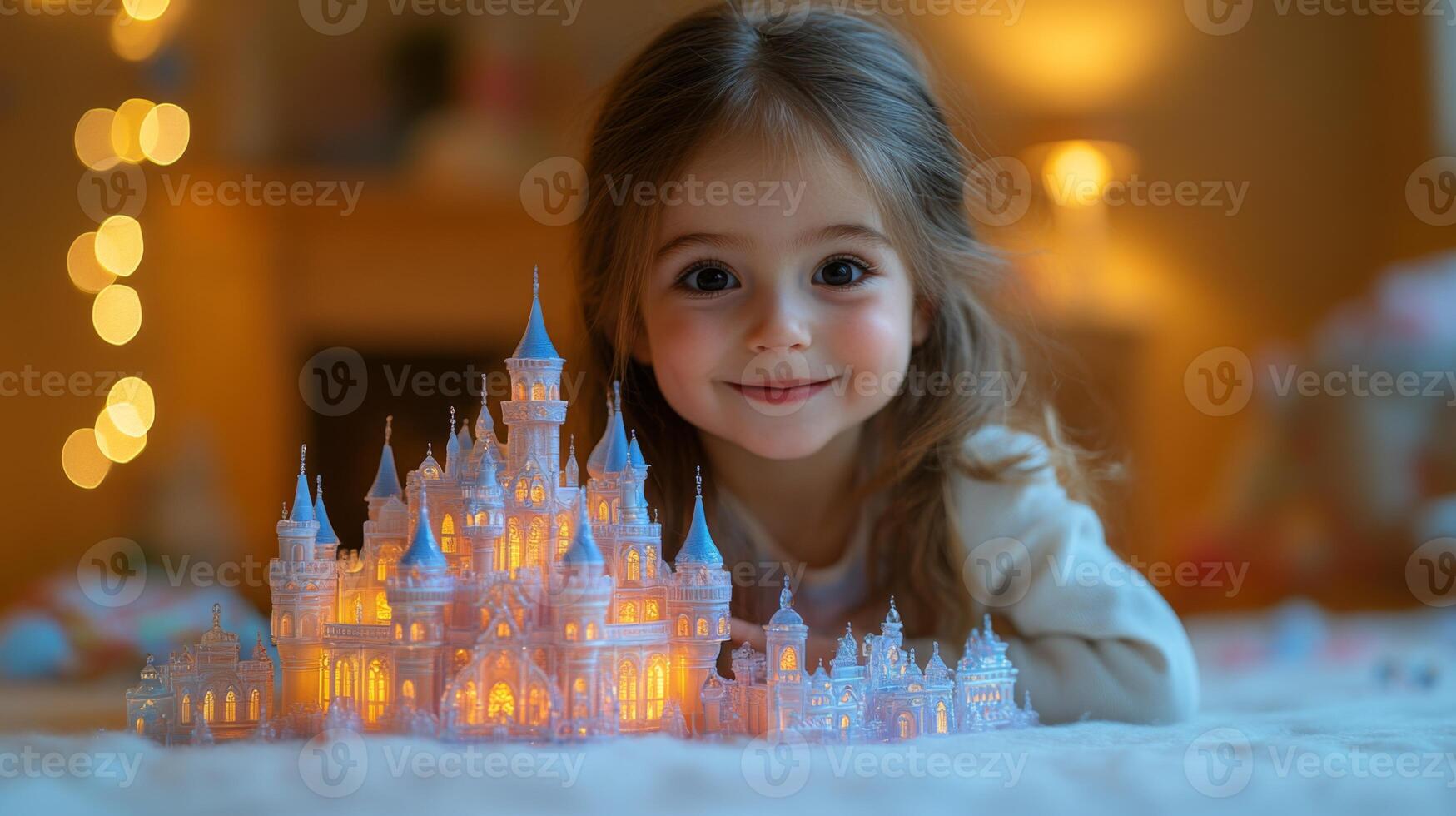 A cheerful young girl leans over a beautifully illuminated castle model, showcasing excitement in a warm and cozy indoor environment filled with soft lighting. photo