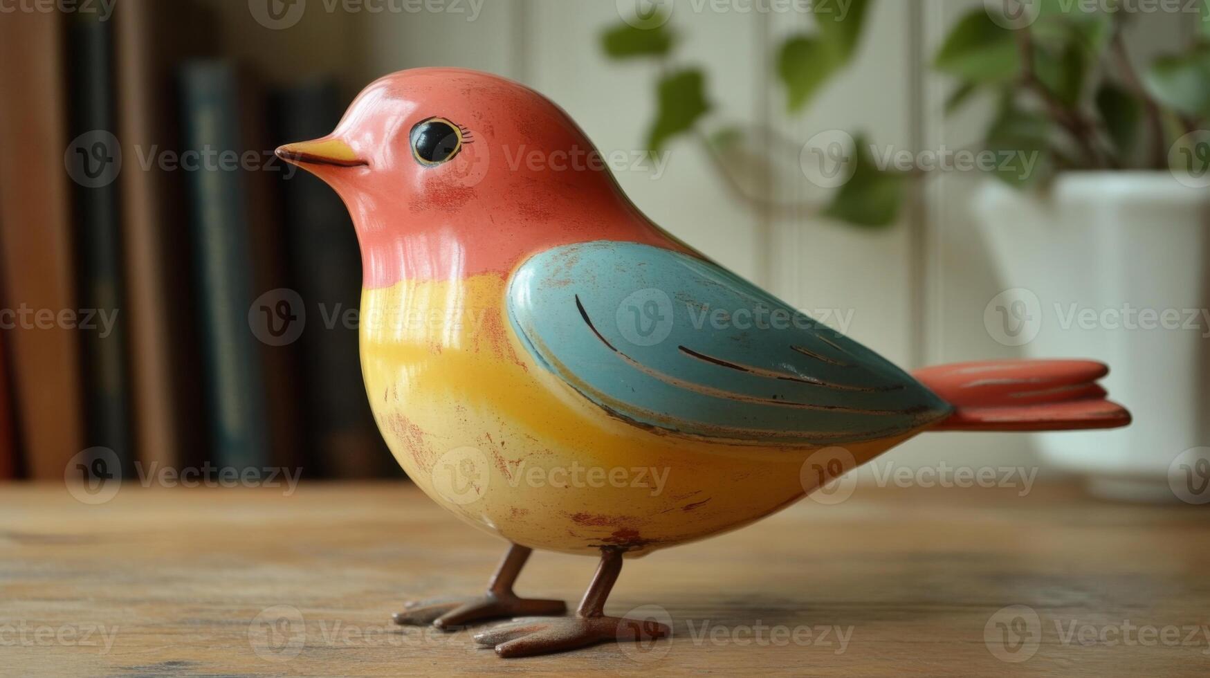 A beautifully crafted wooden bird sculpture in vibrant colors rests on a wooden table. The setting includes books and greenery, creating a warm, inviting atmosphere. photo
