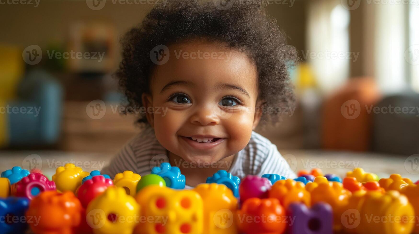 A joyful toddler with curly hair smiles broadly while lying on the floor surrounded by vibrant plastic building blocks. The warm indoor environment enhances the cheerful atmosphere. photo