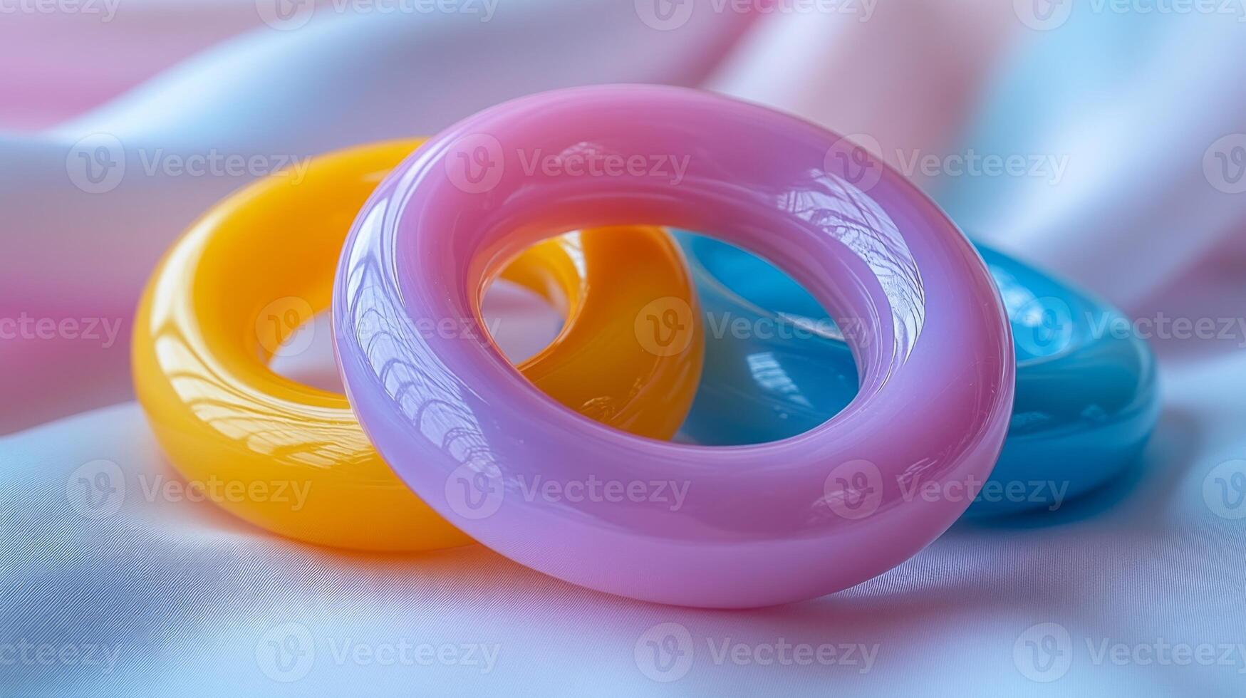 Three vibrant plastic rings in yellow, pink, and blue sit atop a soft fabric. The natural light enhances the glossy texture and vivid colors, creating a playful atmosphere. photo
