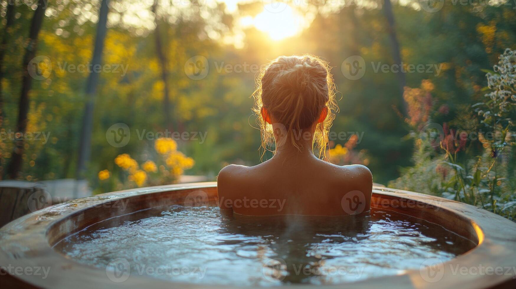 Enjoy a tranquil moment in a wooden hot tub while watching the sunset. The warm glow lights up the serene surroundings filled with nature and blooming flowers. photo
