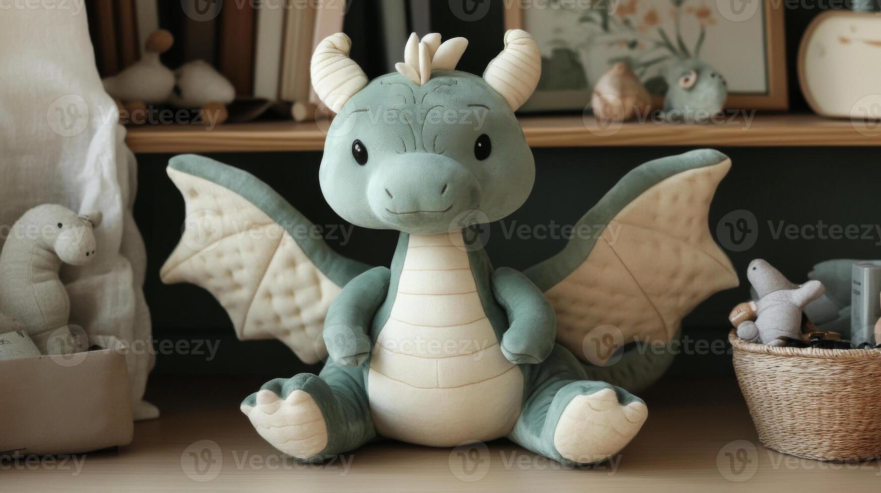 A soft, adorable plush dragon with green and cream colors sits on a wooden shelf among various other stuffed animals. The cozy room features warm decor and inviting ambiance. photo