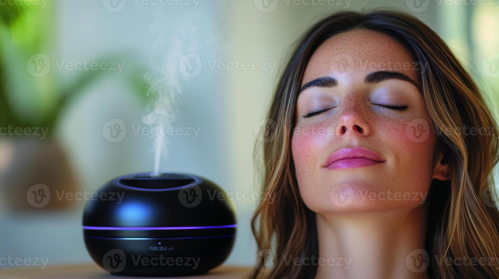 A person relaxes with eyes closed as an essential oil diffuser emits gentle steam in a tranquil environment filled with greenery, inviting a sense of peace and calm. photo