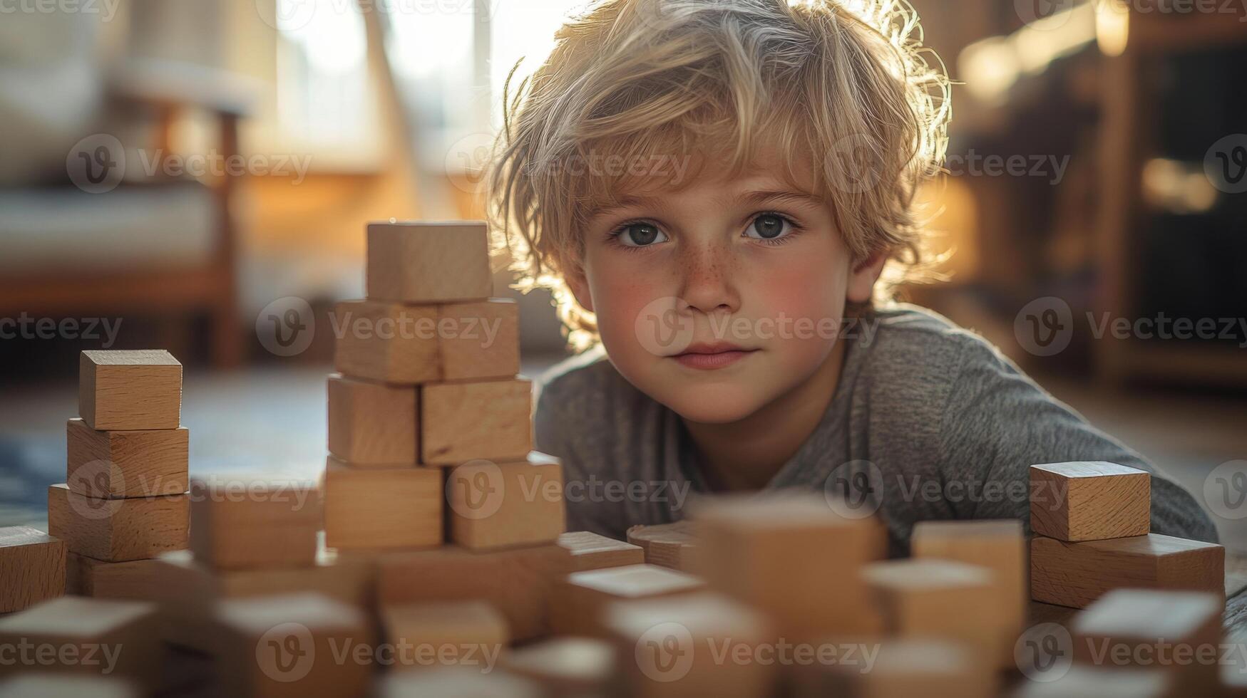 A young child with curly blonde hair focuses intently on building a structure using wooden blocks on the floor in a bright, sun-filled room. The warm light creates a cozy atmosphere. photo