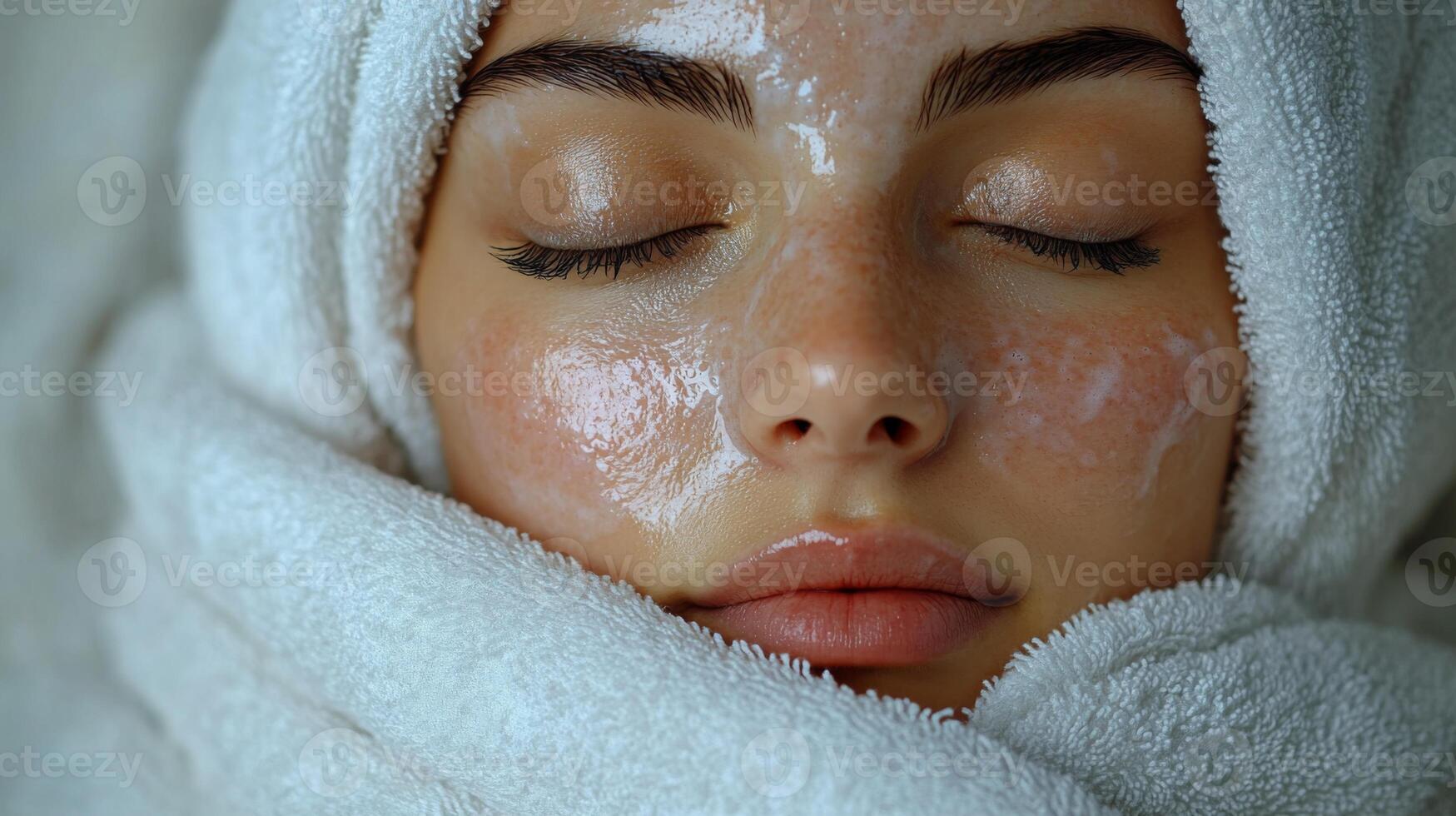 A young woman enjoys a calming facial treatment with a hydrating mask applied to her skin while wrapped in a soft towel. The serene setting promotes relaxation. photo