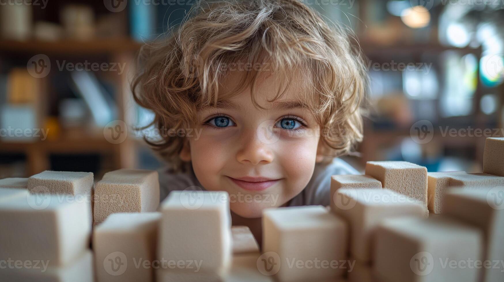A young child with curly hair and blue eyes smiles brightly while engaged in a creative activity with wooden blocks. The cozy room is filled with books and toys, creating a warm atmosphere. photo