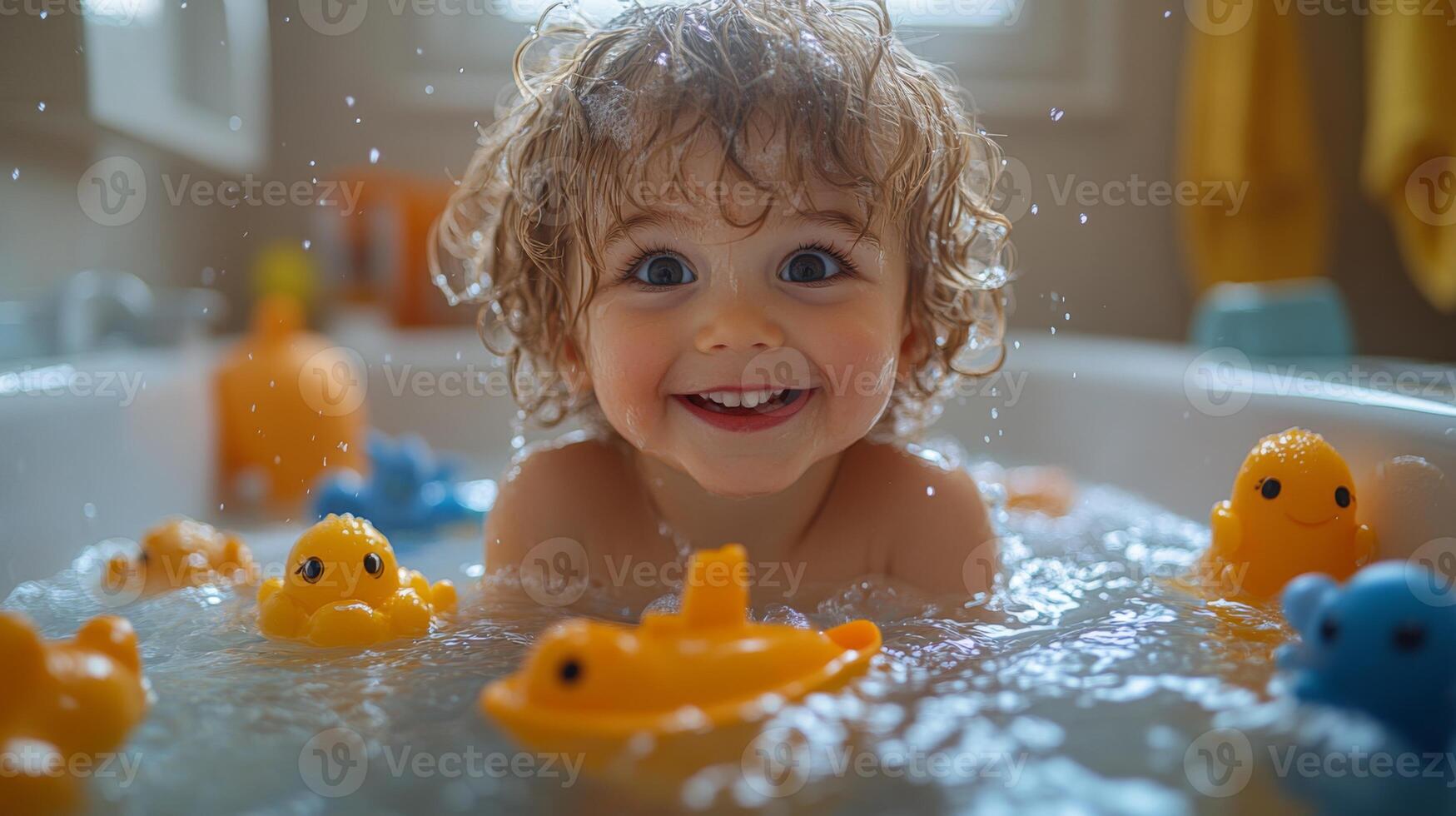 A young child with curly hair smiles brightly while playing in a bathtub filled with water and bright, floating rubber toys. Joy and laughter fill the air during bath time. photo