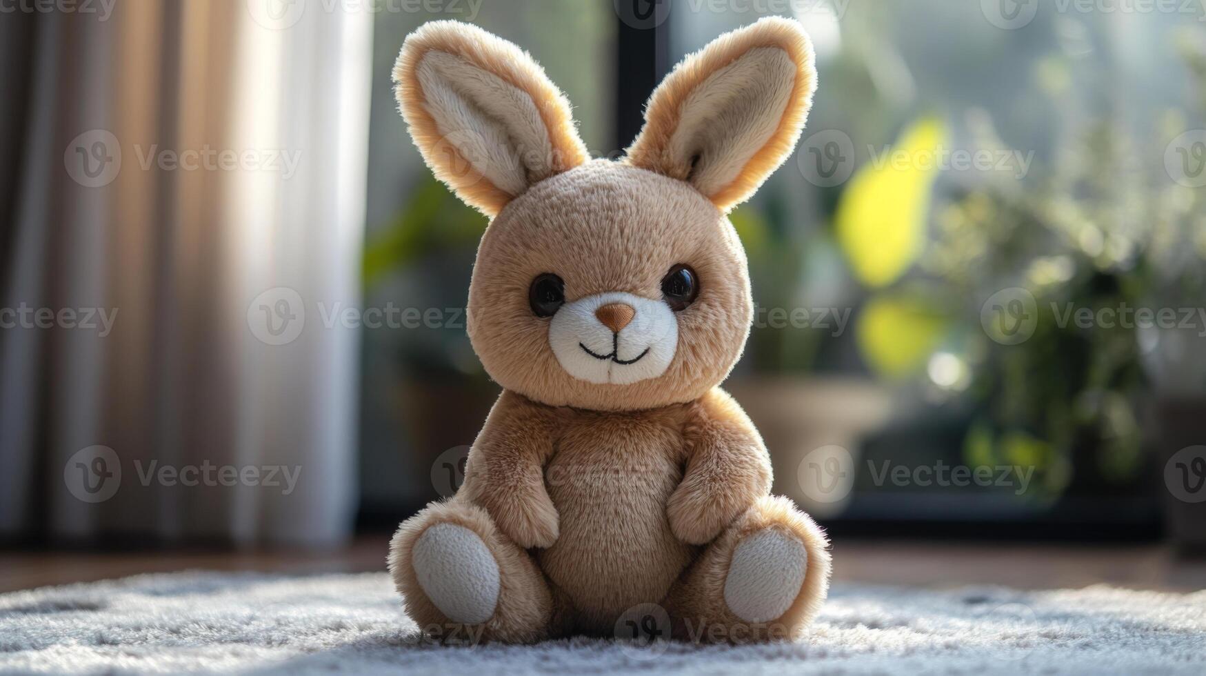 A fuzzy brown rabbit toy with large ears and a cheerful expression is sitting on a soft carpet. Sunlight streams through a nearby window, illuminating the room with greenery. photo
