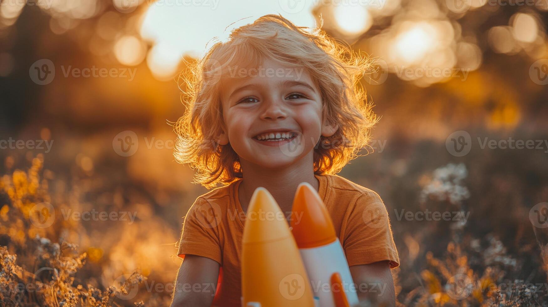 A young boy with curly hair smiles broadly while holding toy rockets in a warm, sunlit field. The golden hour enhances the joyful atmosphere and vibrant scenery. photo