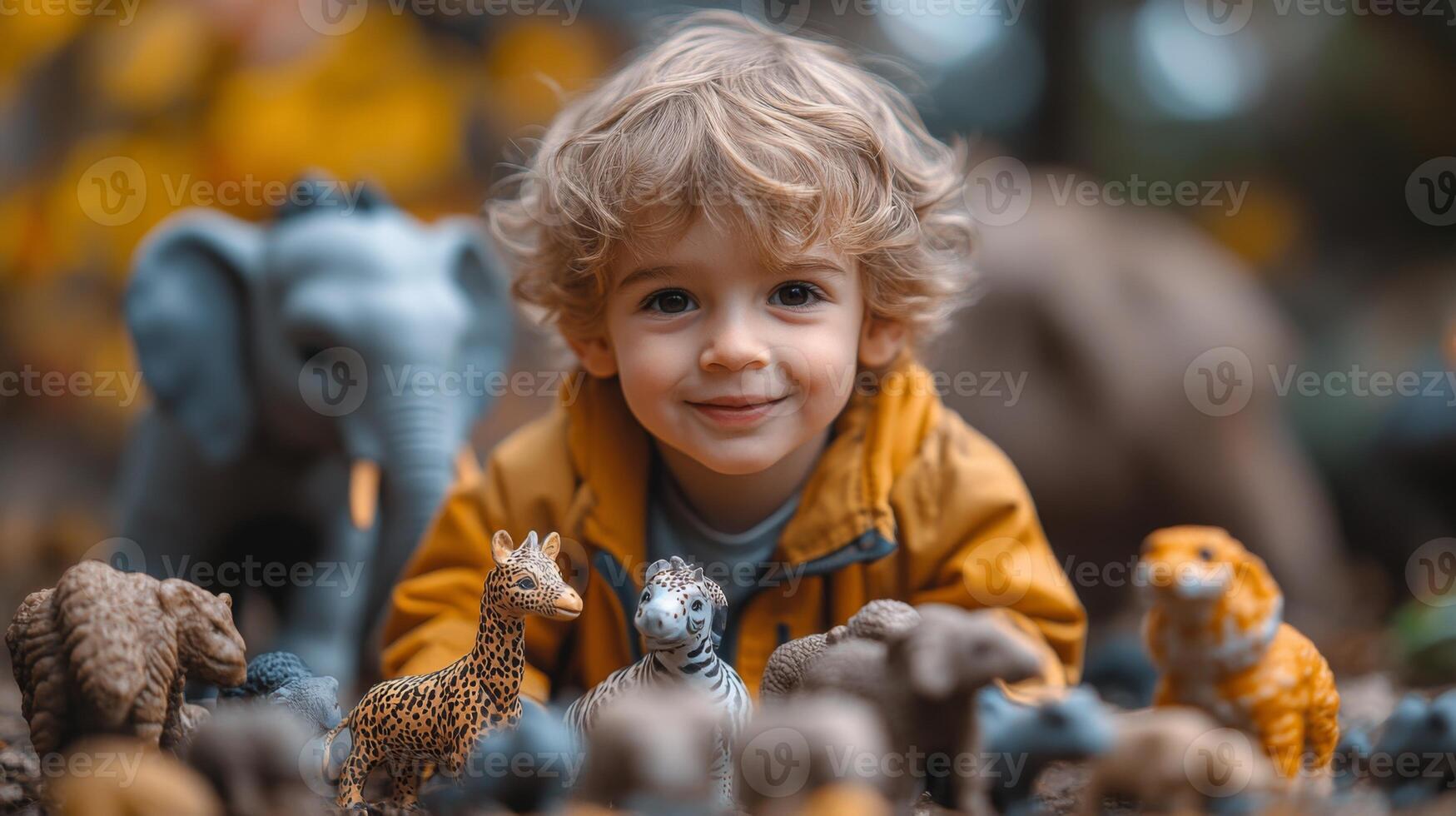 A young child with curly hair enjoys playtime with various toy animals, including a lion and zebra, in a colorful autumn environment filled with leaves. photo