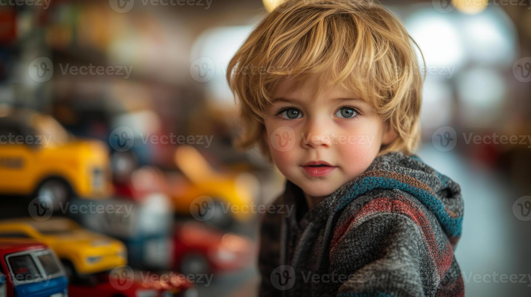 A young boy with curly hair and bright blue eyes engages with an array of toy cars in a vibrant indoor play space. The atmosphere is cheerful and filled with colorful vehicles. photo