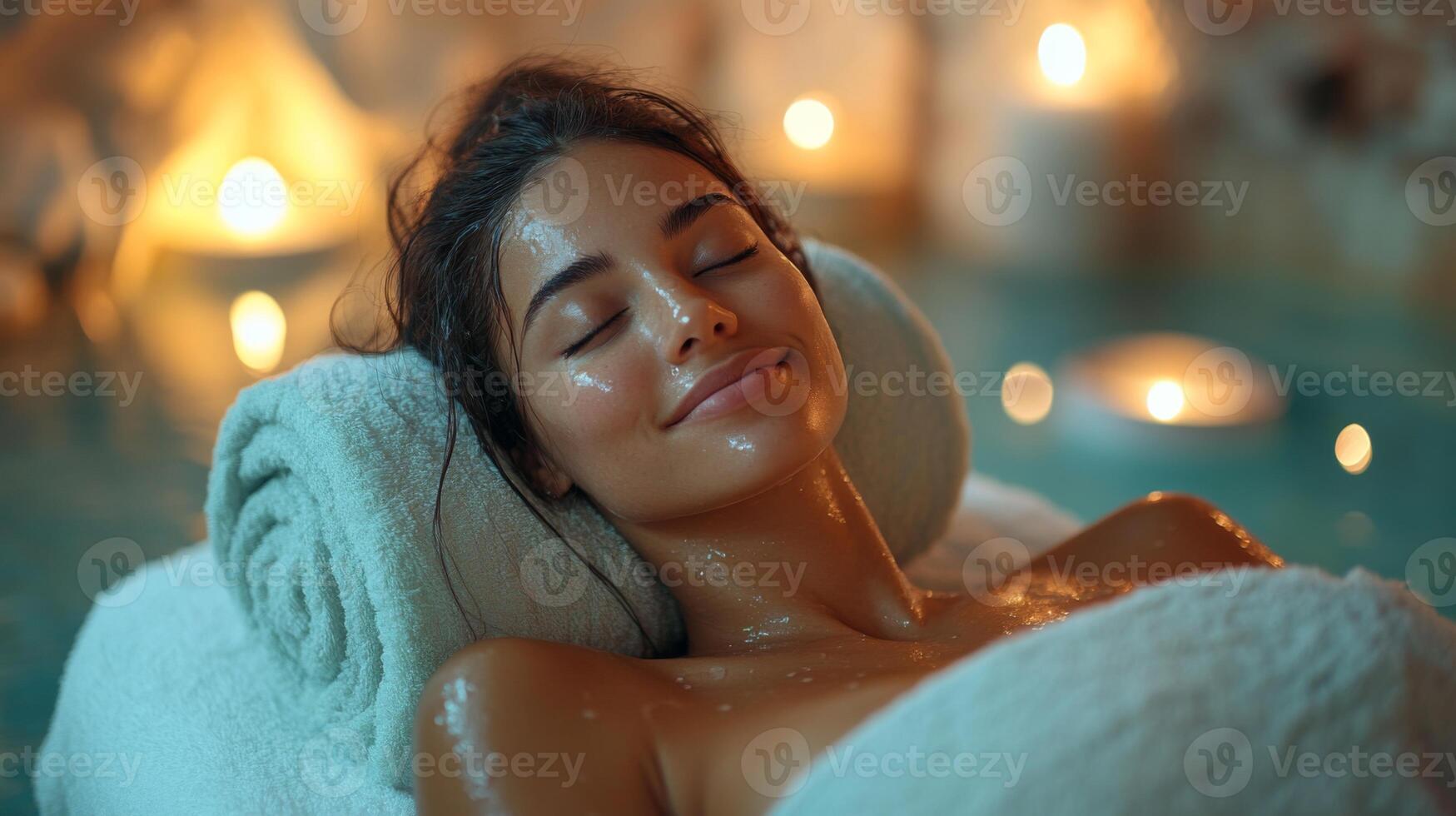 A woman peacefully relaxes at a spa, surrounded by candles and soft lighting. She enjoys a wellness treatment, creating a calm and tranquil ambiance, perfect for rejuvenation. photo