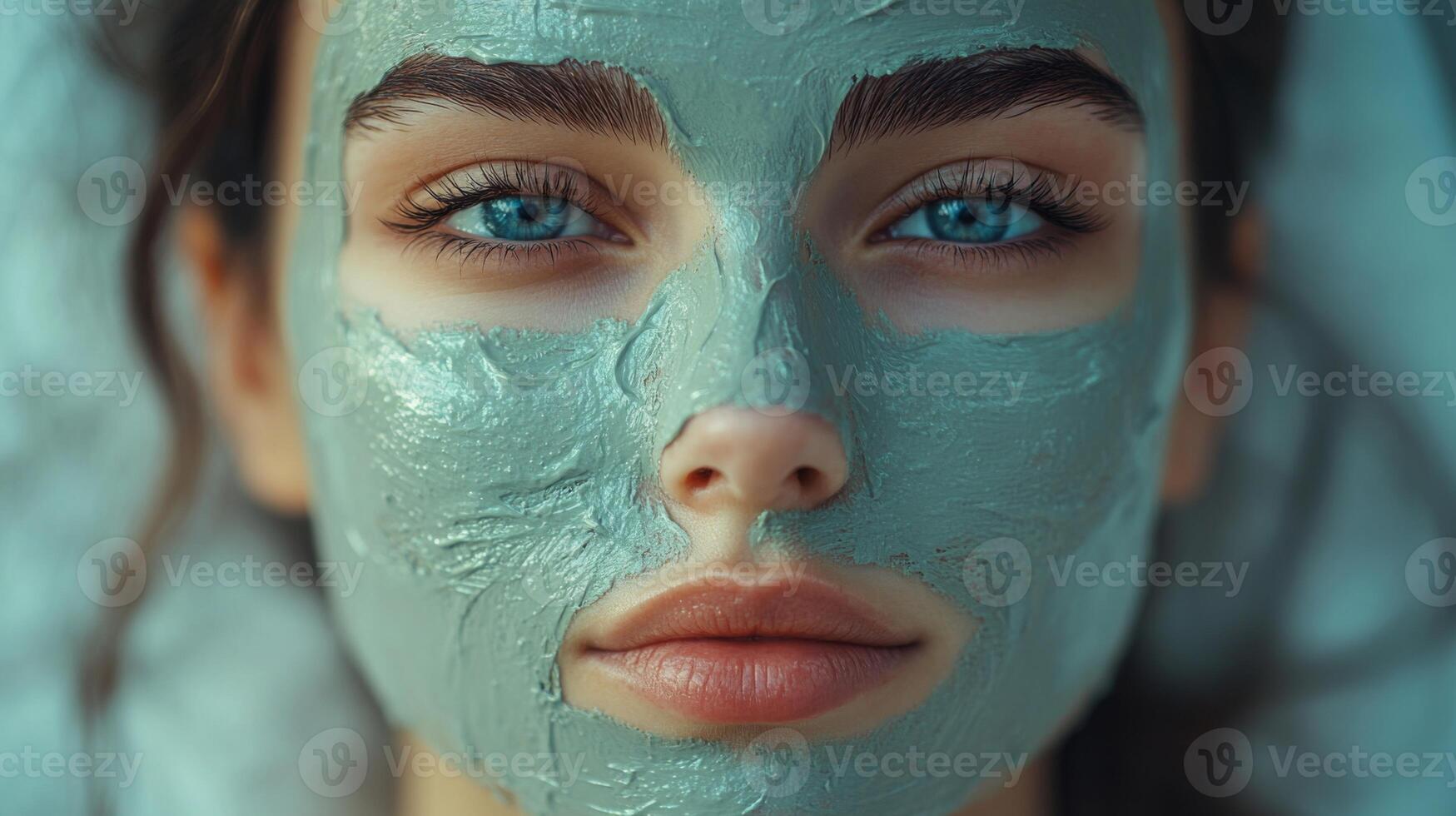 A young woman is enjoying a skincare treatment at a spa. Her face is covered with a green mask, and she looks relaxed while the treatment rejuvenates her skin. photo