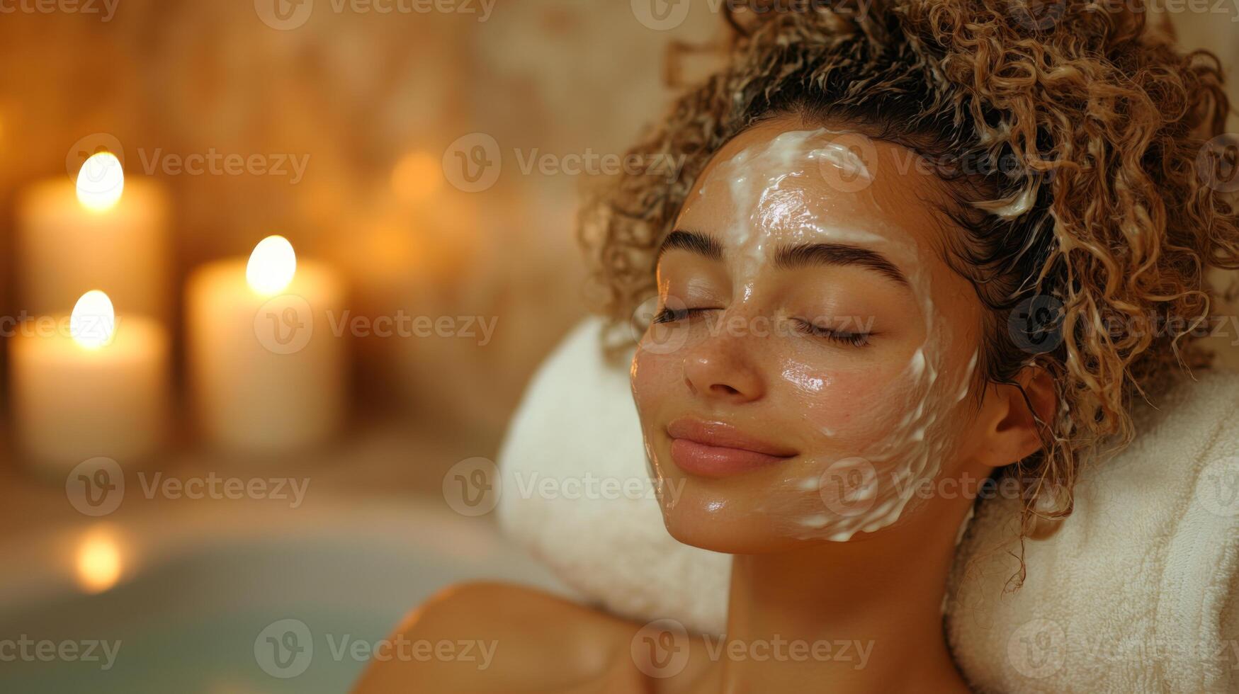 A woman enjoys a calming spa experience while applying a facial mask. Soft candlelight creates a tranquil atmosphere, enhancing relaxation during self-care. photo