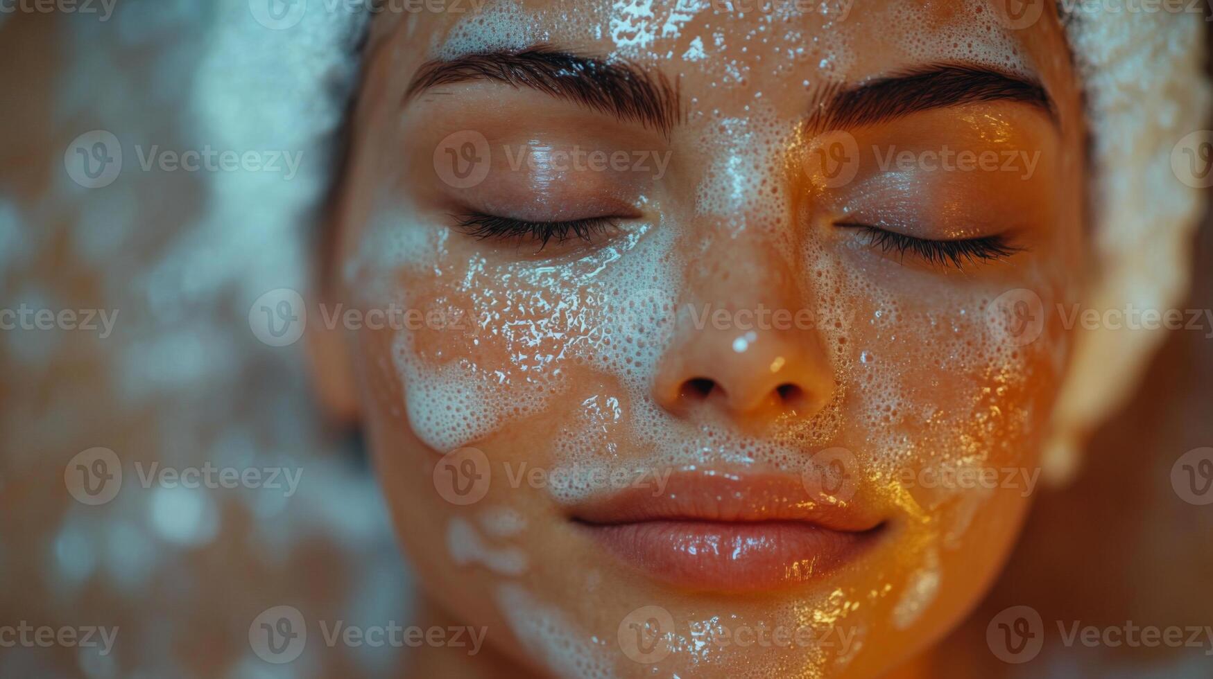 A woman lies relaxed with her eyes closed as a creamy mask creates bubbles on her face. She is in a serene spa environment, enjoying a refreshing facial treatment. photo
