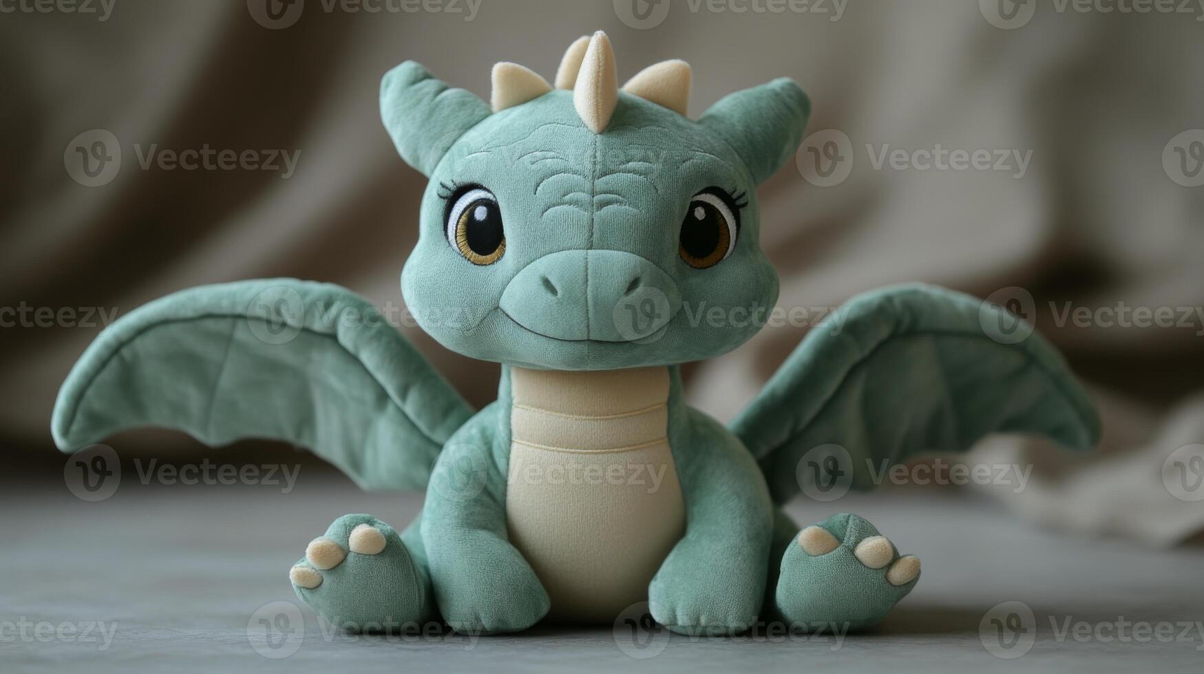 A charming plush dragon toy with soft wings and large expressive eyes sits on a neutral surface. This delightful companion is great for imaginative play and as a collectible item. photo