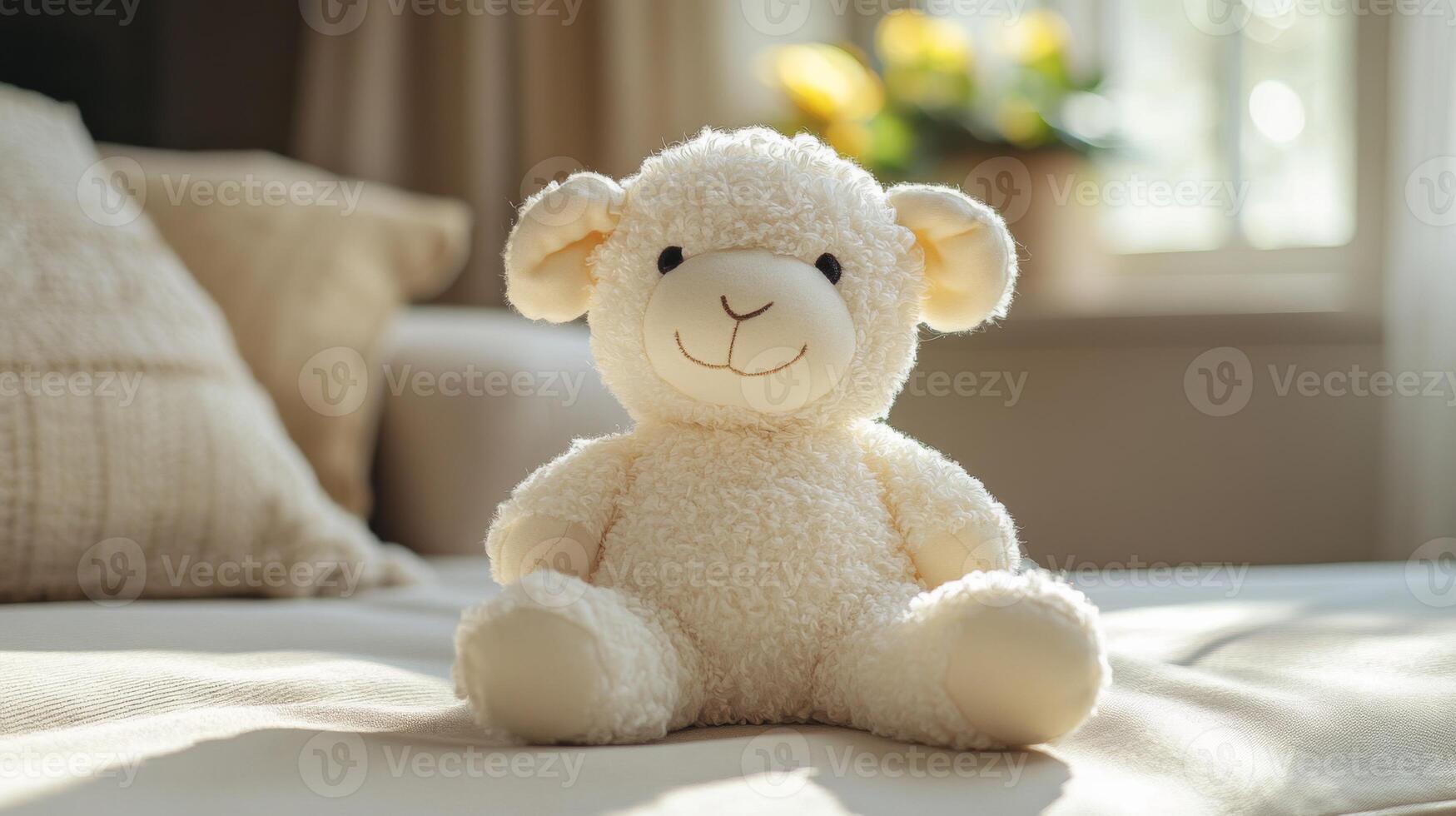 A soft, cuddly sheep toy is placed on a neatly made bed, basking in warm sunlight streaming in through a nearby window, creating a peaceful atmosphere. photo