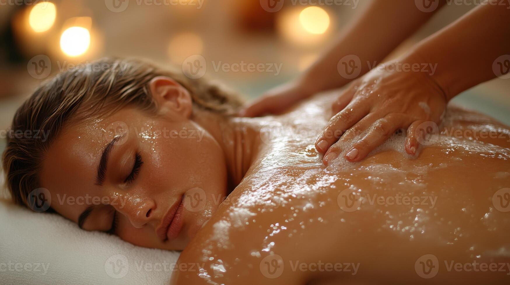 A woman experiences a calming massage at a wellness center, surrounded by soft lighting and soothing ambiance. The therapist gently applies oil to her back. photo