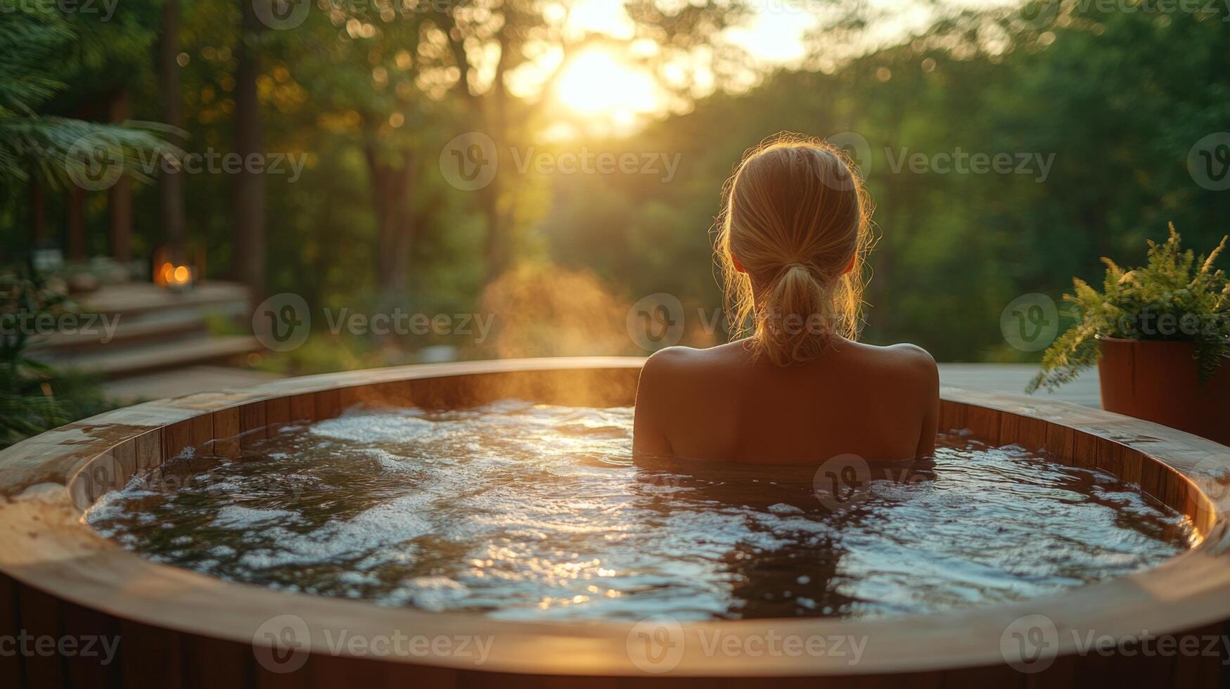 A person enjoys a serene soak in a wooden hot tub while surrounded by lush greenery, with warm sunlight filtering through trees during sunset, creating a calming atmosphere. photo