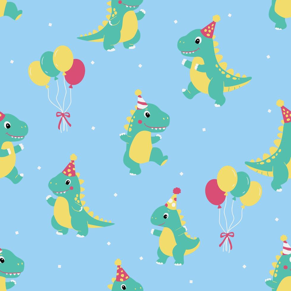 Seamless Pattern with Cute Dinosaurs and Balloons on Blue Background vector