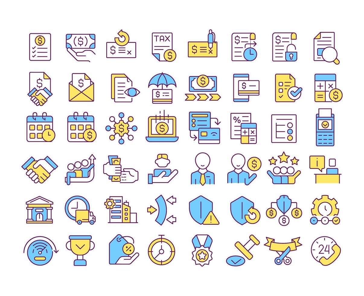 Factoring RGB color icons set. Invoicing, payment collection, funding, credit protection, and customer service. Isolated illustrations. Simple filled line drawings collection. Editable stroke vector