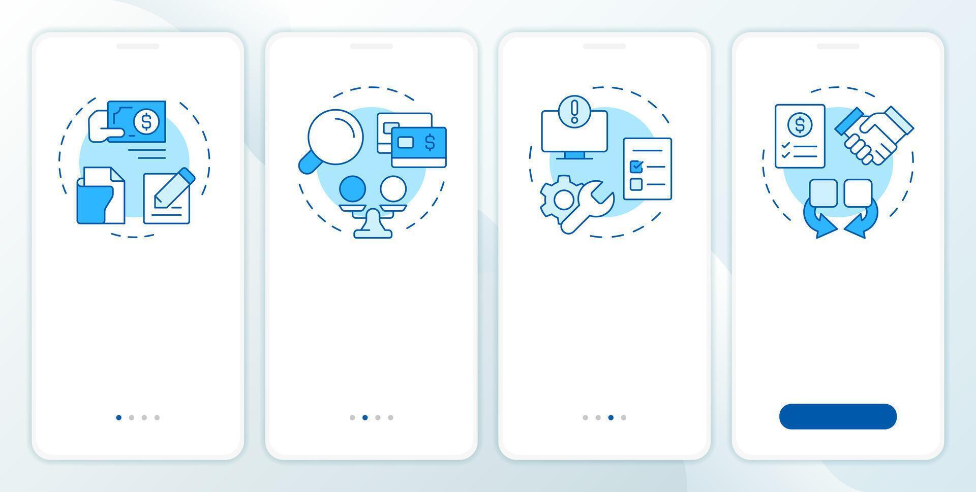 Financial close documentation blue onboarding mobile app screen. Walkthrough 4 steps editable graphic instructions with linear concepts. UI, UX, GUI template vector