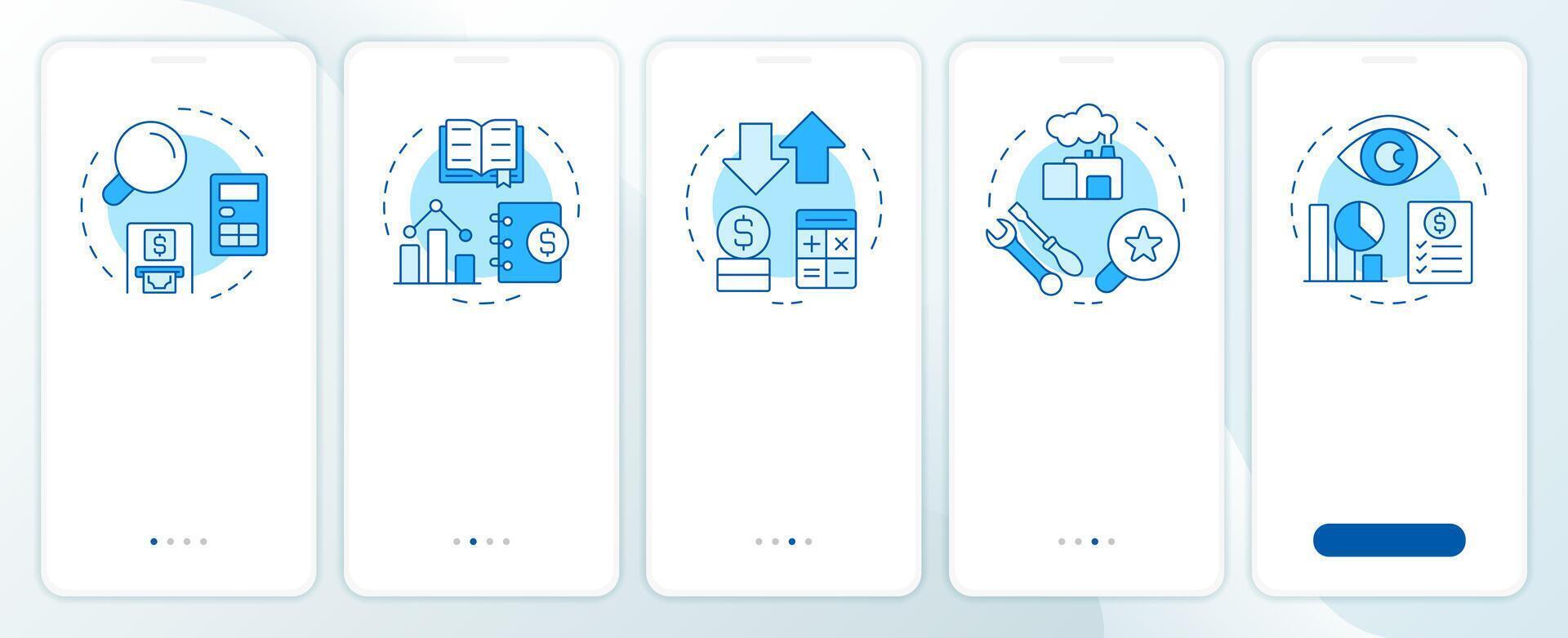 MonthEnd close task list blue onboarding mobile app screen. Walkthrough 5 steps editable graphic instructions with linear concepts. UI, UX, GUI template vector