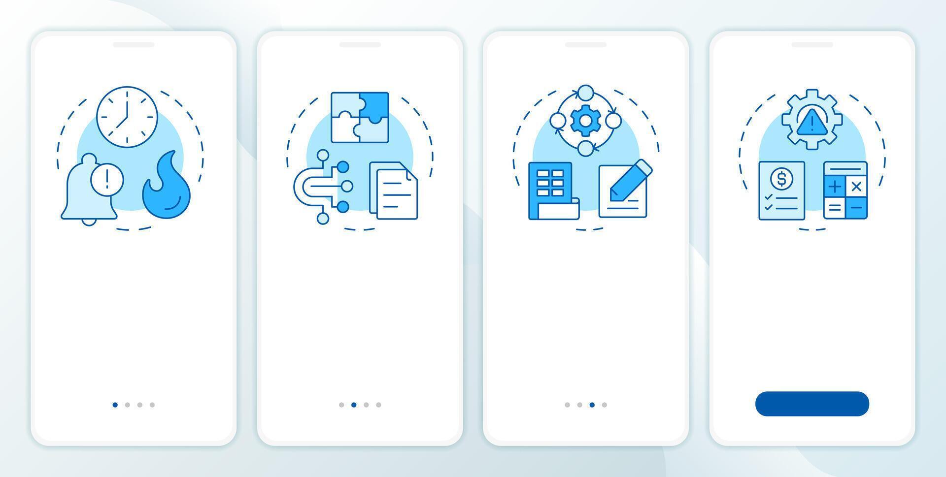 Financial close problems blue onboarding mobile app screen. Walkthrough 4 steps editable graphic instructions with linear concepts. UI, UX, GUI template vector