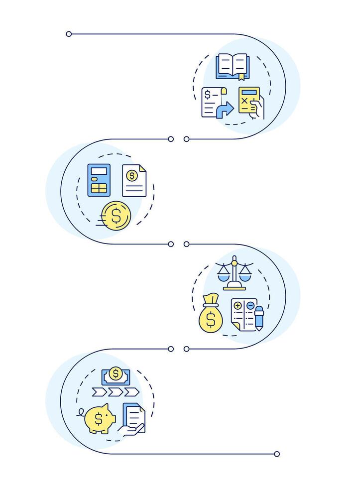 Financial statements organization infographic vertical sequence. Accounting records, documentation. Visualization infochart with 4 steps. Circles workflow vector