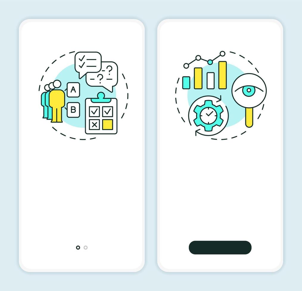 Market research types onboarding mobile app screen. Walkthrough 2 steps editable graphic instructions with linear concepts. UI, UX, GUI template vector