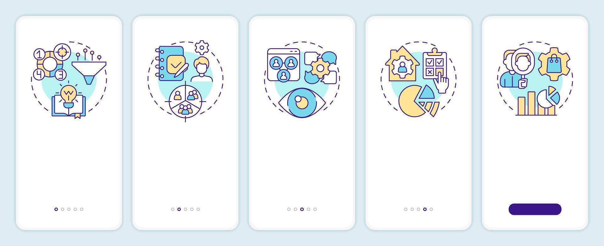 Market research methods onboarding mobile app screen. Walkthrough 5 steps editable graphic instructions with linear concepts. UI, UX, GUI template vector