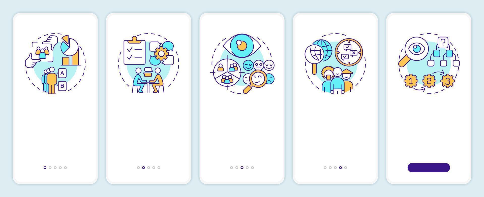 Market research methods types onboarding mobile app screen. Walkthrough 5 steps editable graphic instructions with linear concepts. UI, UX, GUI template vector