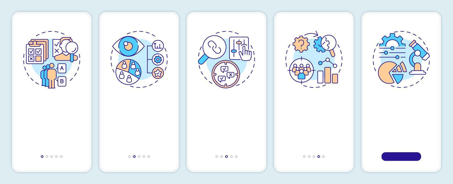 Quantitative research onboarding mobile app screen. Walkthrough 5 steps editable graphic instructions with linear concepts. UI, UX, GUI template vector